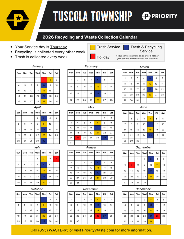 Tuscola Township Calendar Trash Pickup